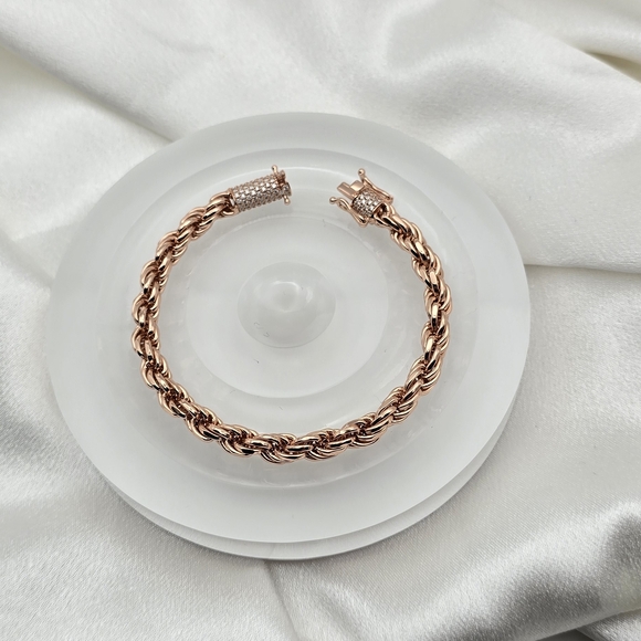 Rose Gold Over Sterling Silver Diamond Cut Rope Bracelet & Moissanite Clasp